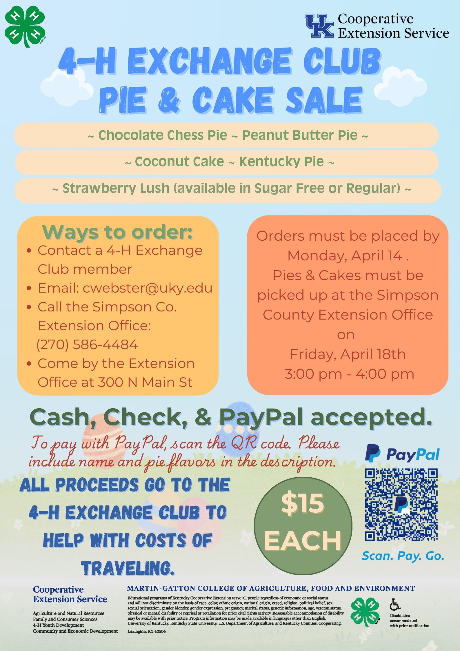 4-H Exchange Club Pie & Cake Sale | Simpson County Extension Office