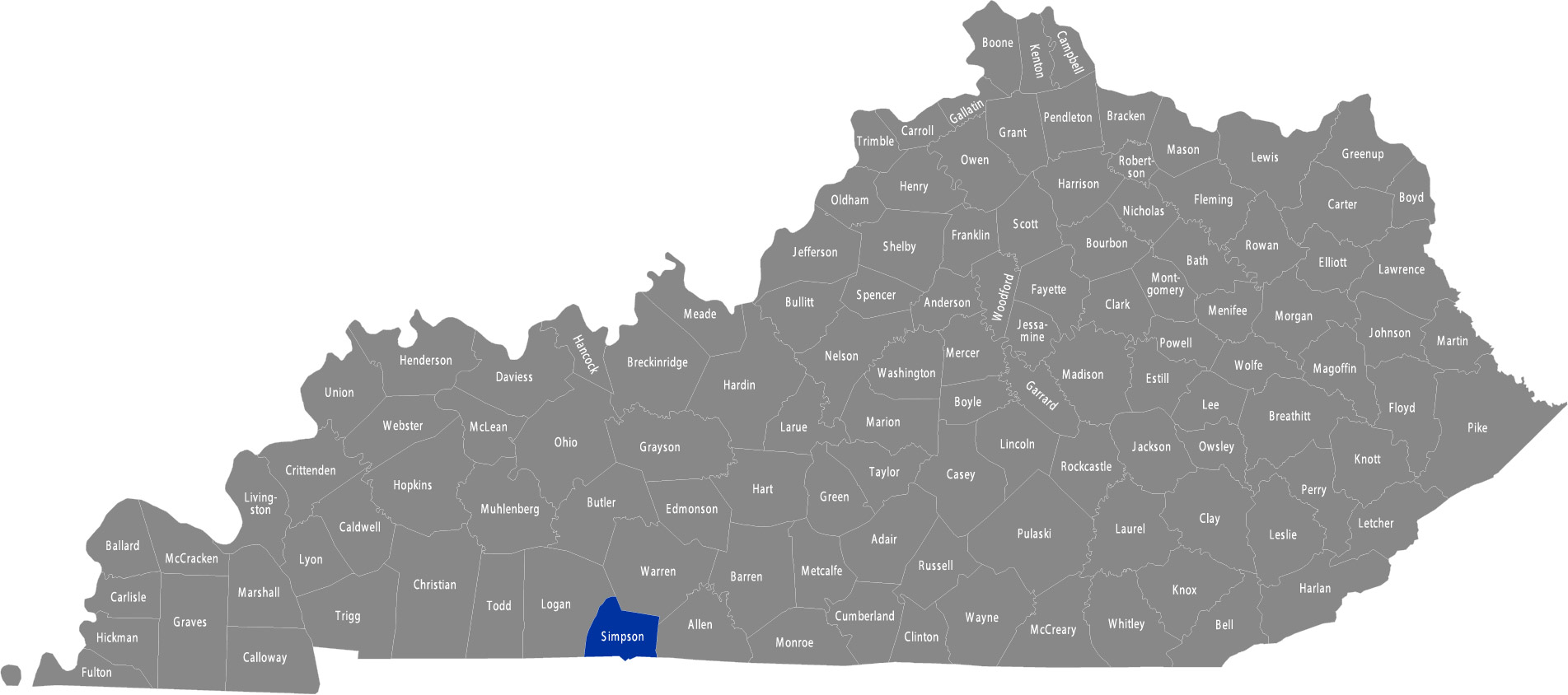 State of Kentucky map with Simpson County highlighted
